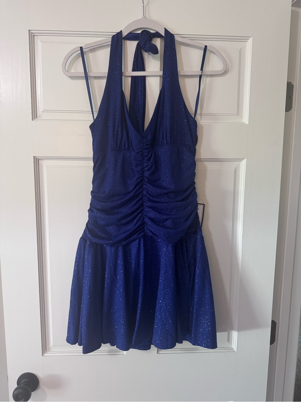 B Darlin Navy Sparkle Halter Ruched Mini Dress